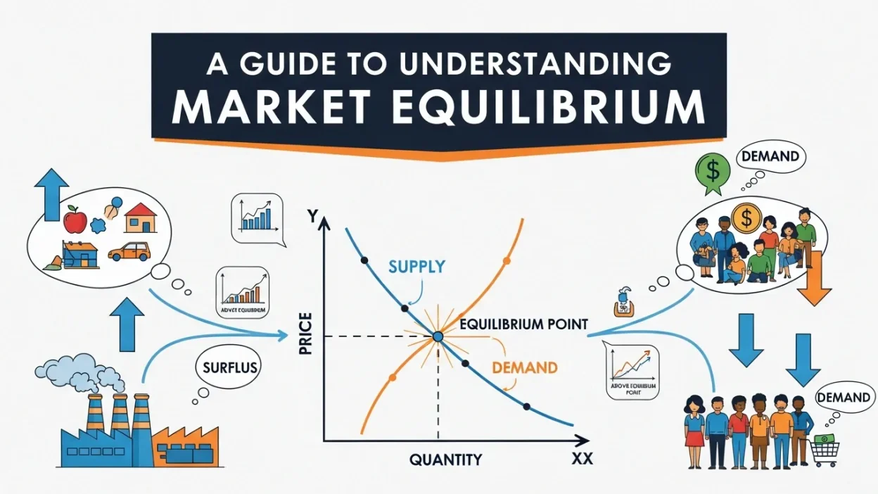 Graph showing the intersection of supply and demand curves demonstrating market equilibrium.