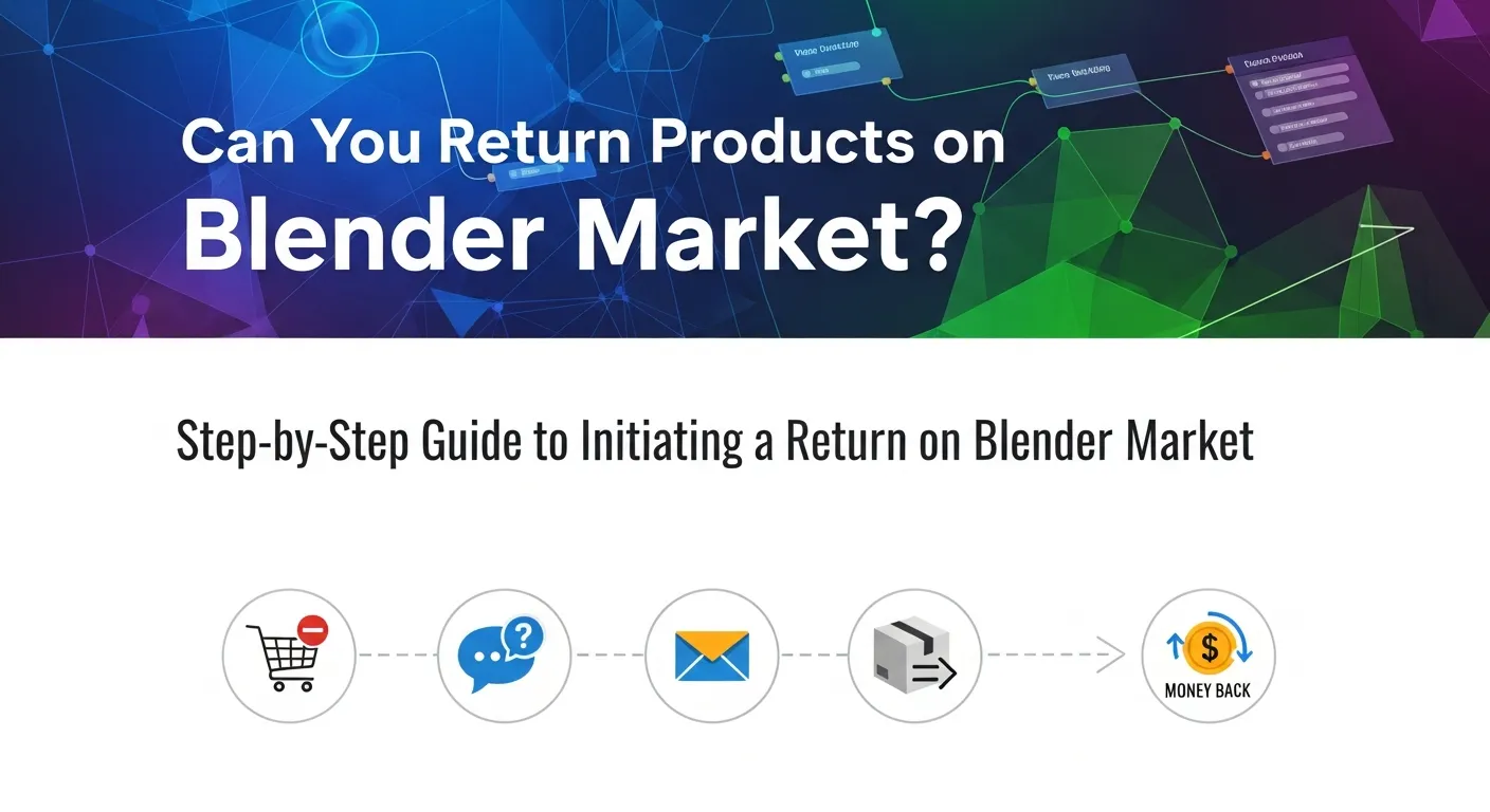 Screenshot of how to initiate a return request on Blender Market via purchase history page