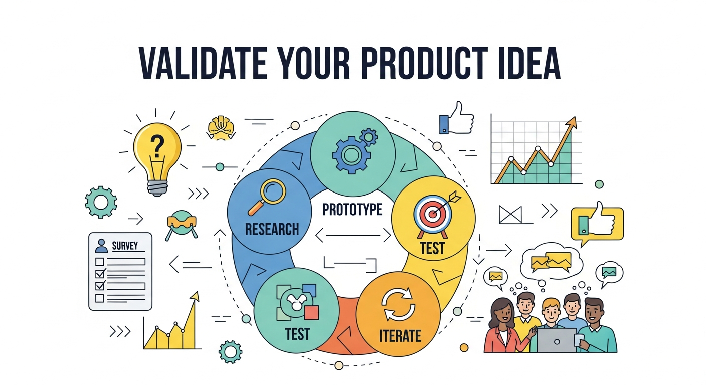 Illustration showing the process of validating a product idea as part of bringing a product to market