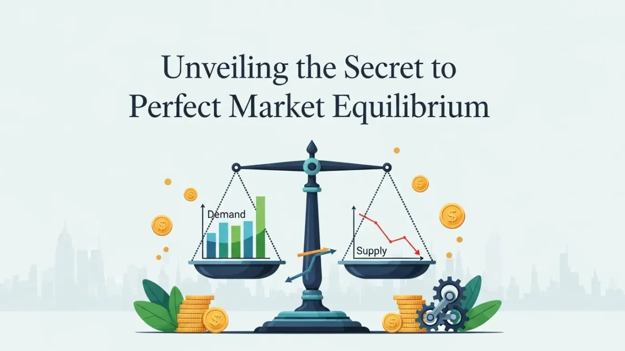 Illustrative banner with the title ‘Unveiling the Secret to Perfect Market Equilibrium,’ featuring bold golden text, financial charts, balance scales, and market symbols representing supply and demand equilibrium.