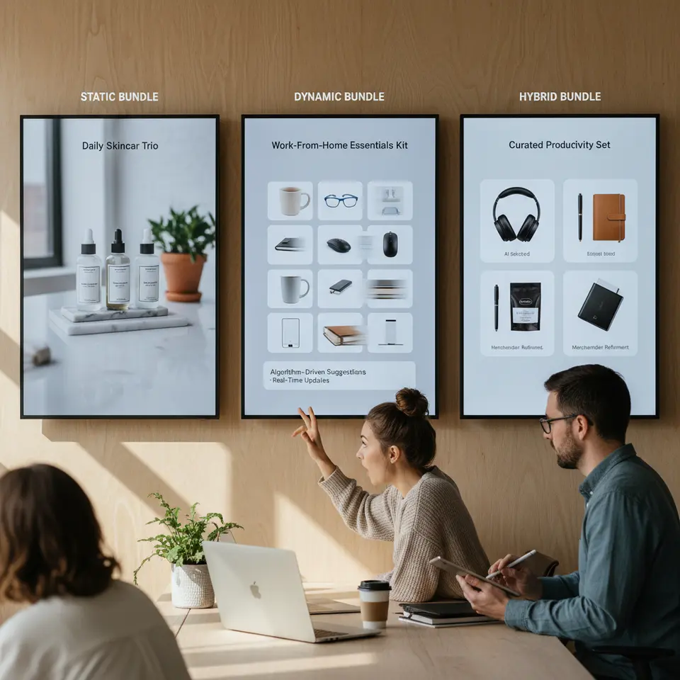 Side-by-side visual comparison of static, dynamic, and hybrid personalized product bundles: left panel shows a fixed 'Daily Skincare Trio' with three labeled items; center panel shows a live 'Work-From-Home Essentials Kit' updating in real time with algorithm-driven suggestions; right panel shows a hybrid bundle where a merchandiser refines AI picks into a cohesive set.