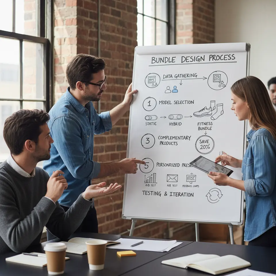 Infographic flowchart of the six-step bundle design process: 1) Data gathering and customer segmentation (CRM charts, demographic icons), 2) Choosing static vs. dynamic vs. hybrid model (toggle switches), 3) Selecting complementary products (fitness bundle mockup: shoes, socks, smartwatch), 4) Pricing strategy callout ('Save 20%' badge), 5) Personalized presentation across touchpoints (site widgets, email, ads), 6) Testing and iteration (A/B test graphs, feedback loops)