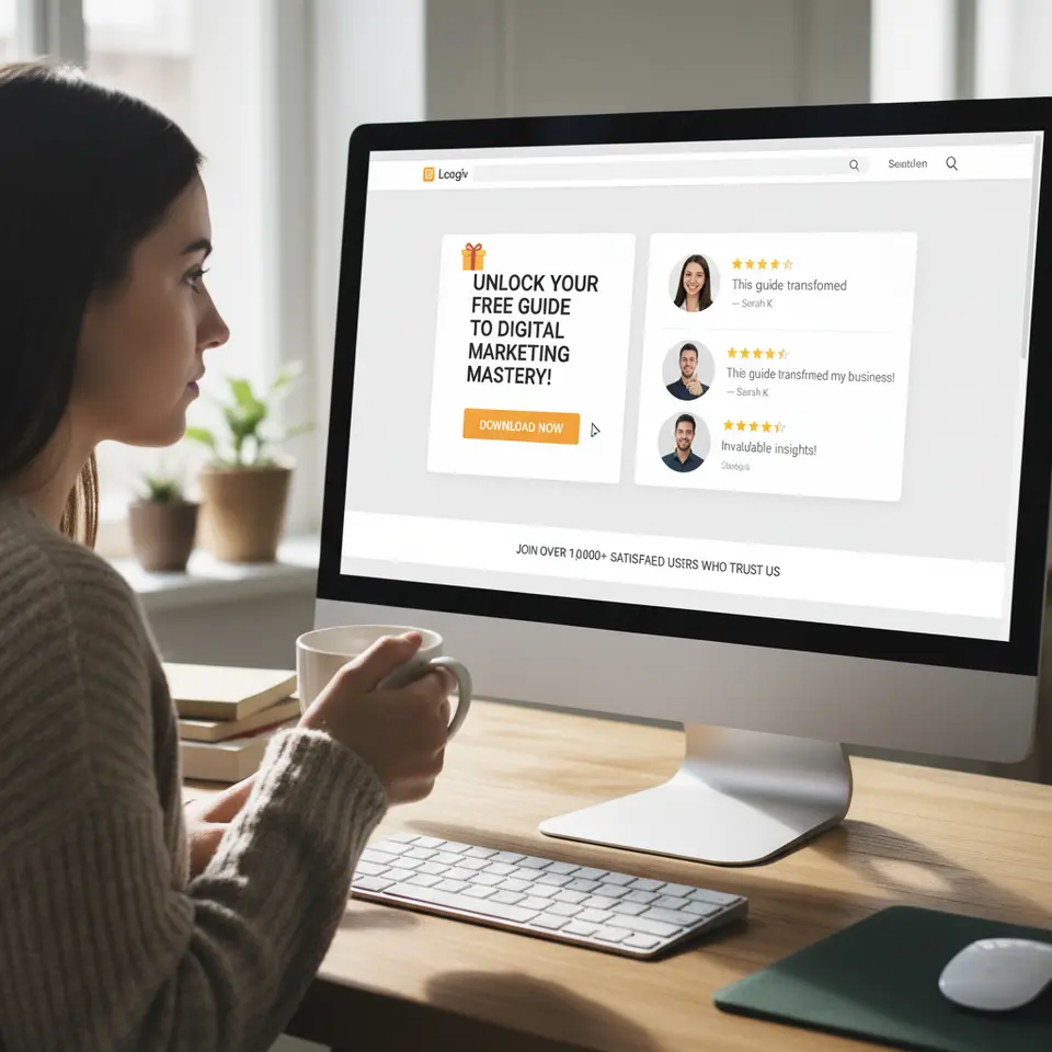A clean web page UI showing a pop-up offering a free guide (lead magnet) on one side and a rotating carousel of star-rating testimonials and user photos on the other—visually highlighting the principle of reciprocity (gift icon, download button) alongside social proof elements (review snippets, ‘10,000+ users trust us’ banner).