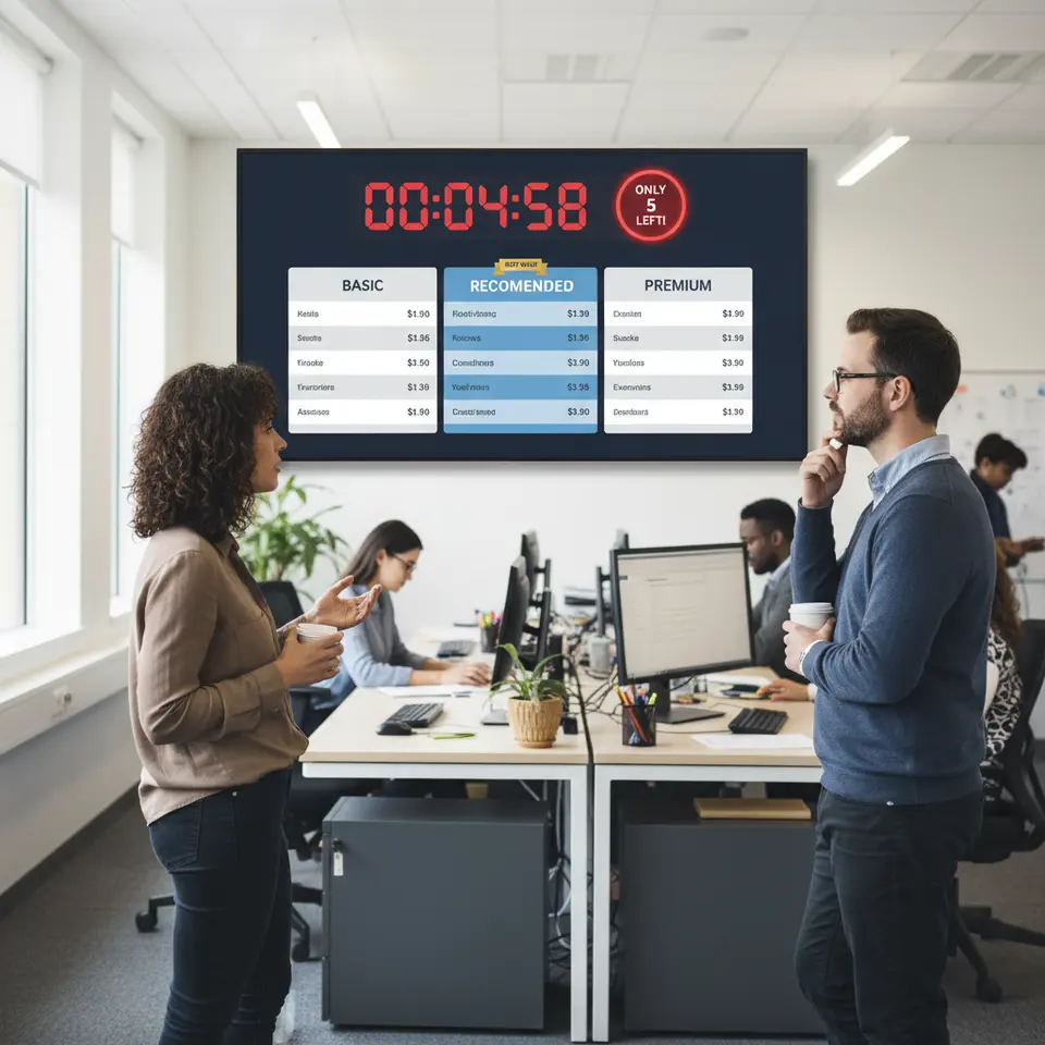 A marketing dashboard screen with a bold countdown timer and ‘Only 5 left!’ stock alert badge at the top, plus a three-column pricing table below labeled Basic, Recommended, and Premium—with the middle tier visually emphasized by a shaded background and badge—illustrating scarcity, urgency, and anchoring in one cohesive design.