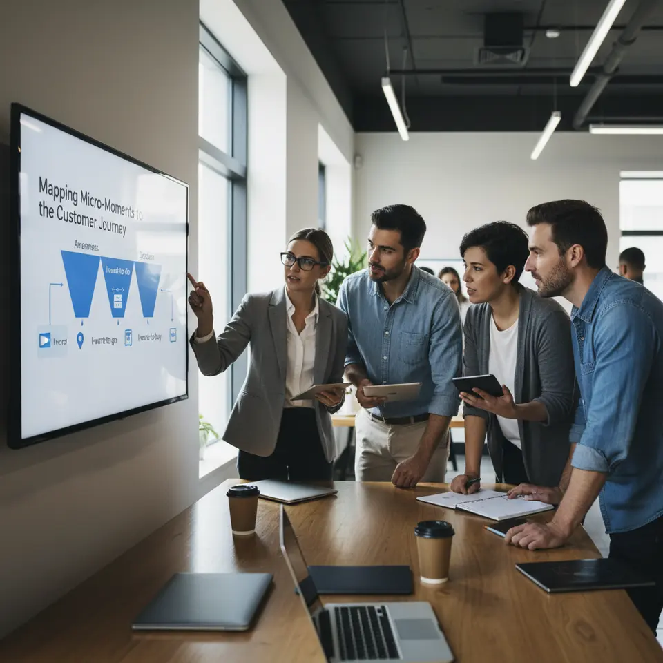 Mapping Micro-Moments to the Customer Journey: a three-stage funnel diagram labeled Awareness (I-want-to-know with short video snippet icon), Consideration (I-want-to-go with location pin + I-want-to-do with step-by-step widget), and Decision (I-want-to-buy with one-click checkout icon), showing how each micro-moment aligns with a funnel stage