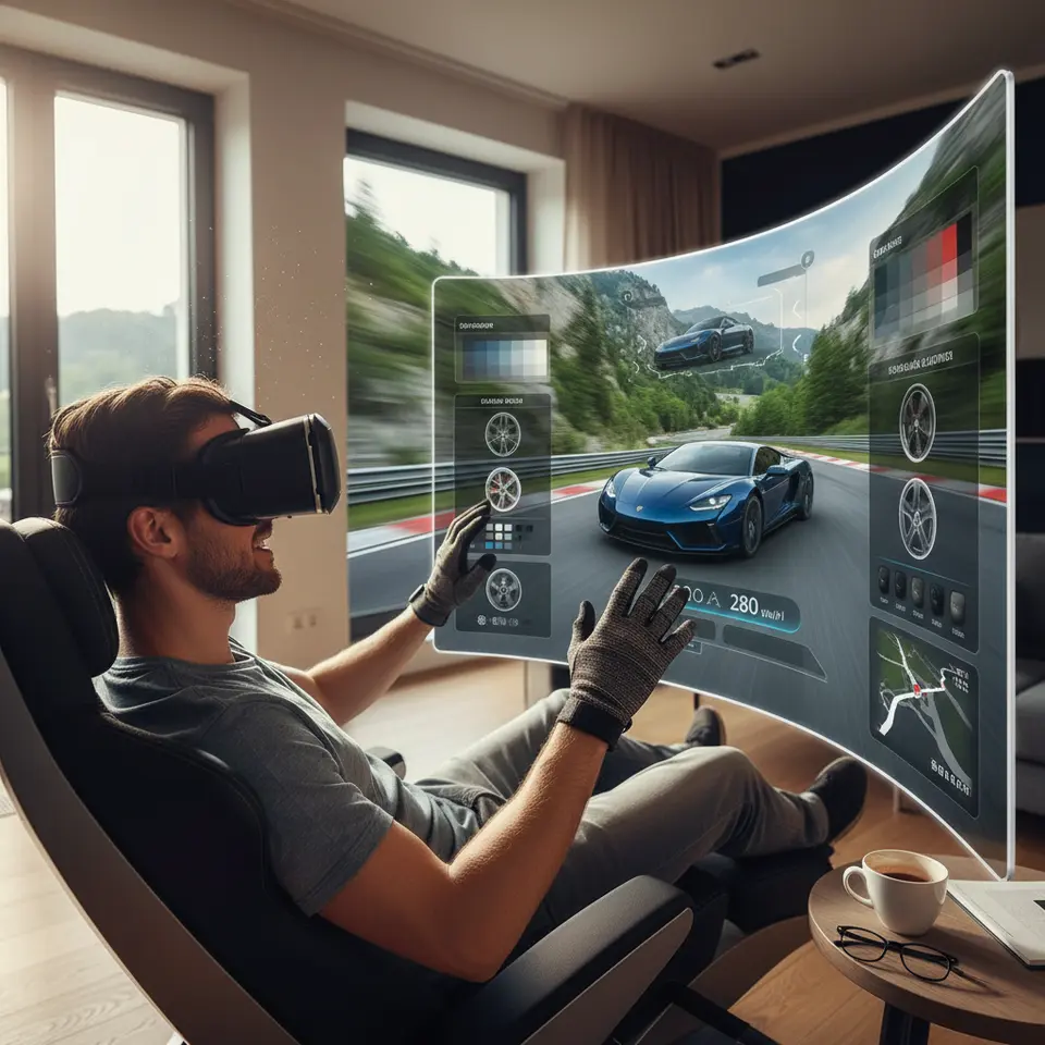 Automotive virtual test drive: an immersive VR cockpit scene where a user customizes a car’s paint color, wheel design, and interior trim, then accelerates onto a winding race track through a scenic landscape, complete with dynamic dashboard displays and motion blur effects for realistic speed.